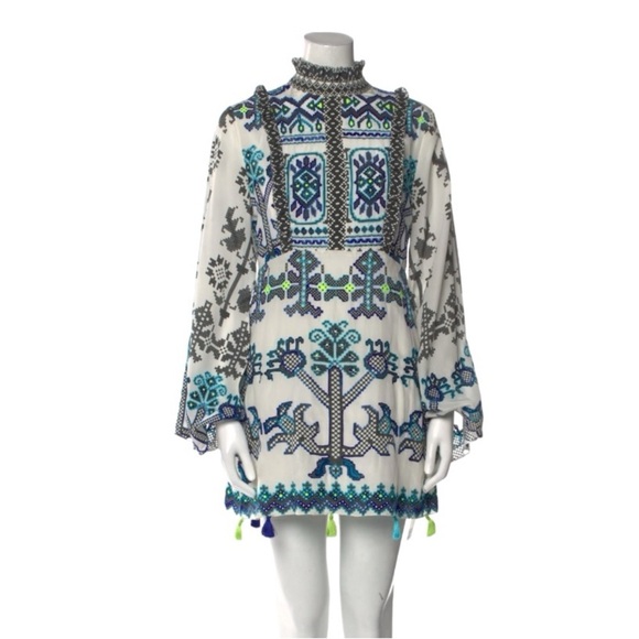 ROCOCO SAND 100% Silk Mini Dress Tassels Open Back size M Ruffles Vacation Party - Picture 2 of 13